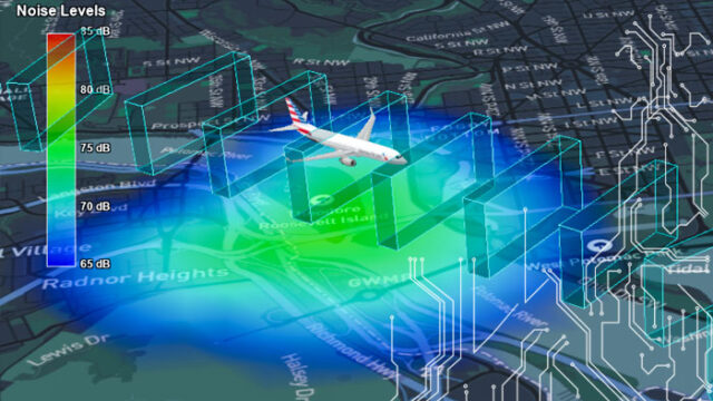 A plane and blue flight path visualization created using Volans with circuit imagery overlaid