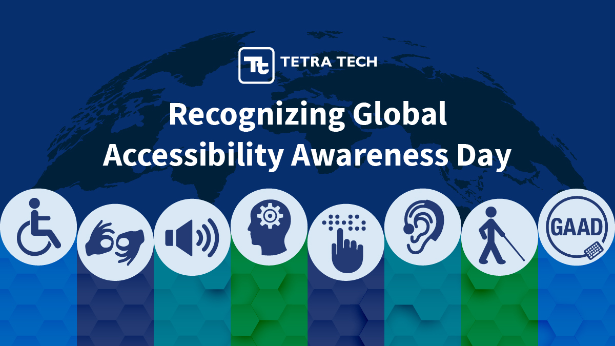The text “Recognizing Global Accessibility Awareness Day” with icons representing different disabilities underlaid with an outline of a map