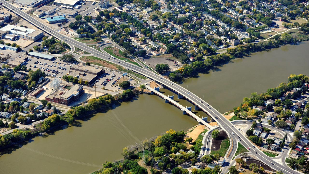 Aerial view of Disraeli Bridges in Winnipeg, Canada, where Tetra Tech supported the replacement of two major structures