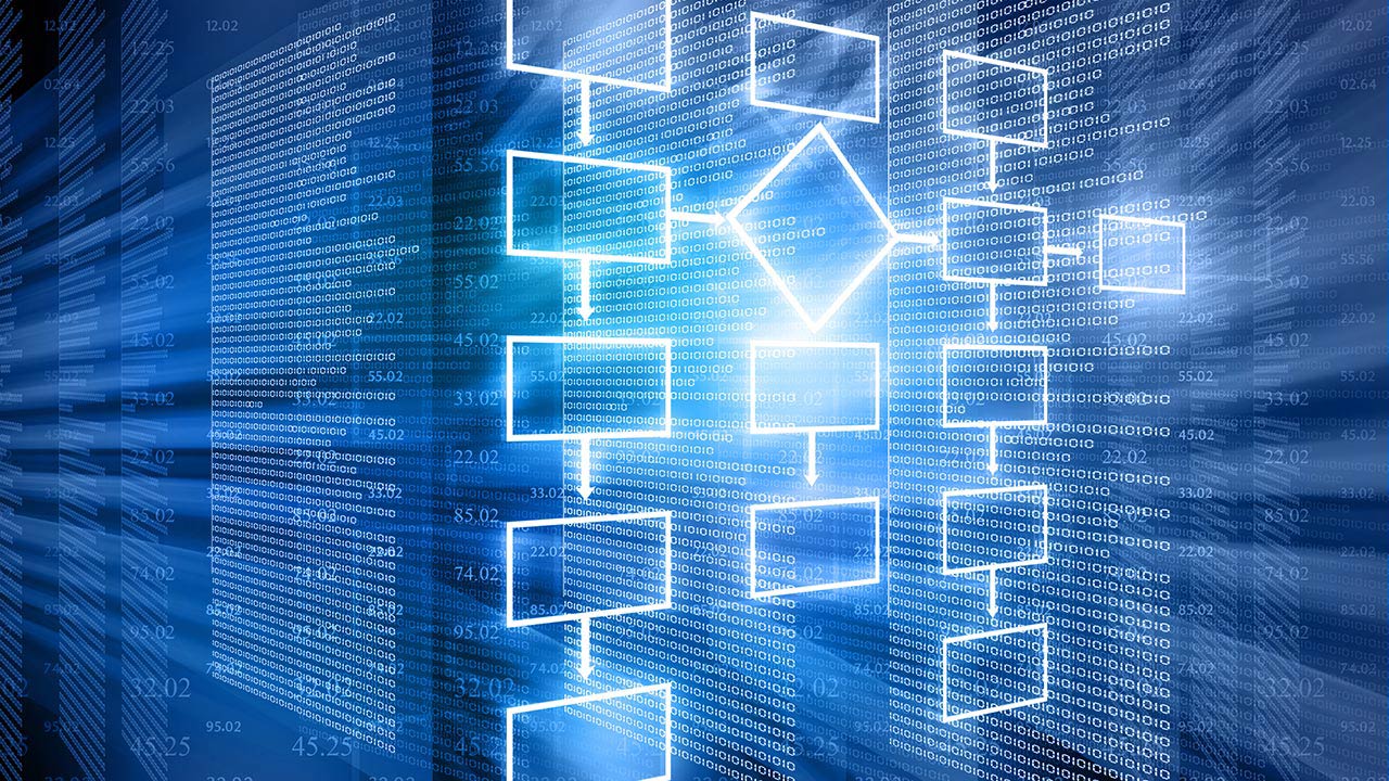 Abstract blue flow chart with glowing data elements