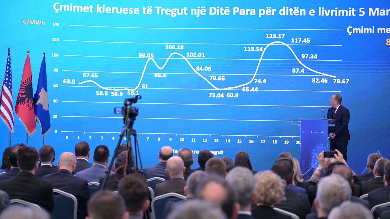 A seated audience viewing a large screen at the inauguration of the Albanian Power Exchange (ALPEX), a vital tool for development