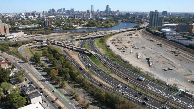 View of the aging viaduct, highway to be realigned, and former rail yard slated for redevelopment in the Boston area