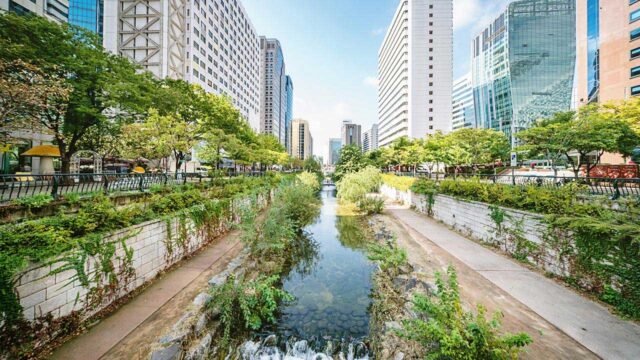 View of Cheonggyecheon Stream in Downtown Seoul, Korea