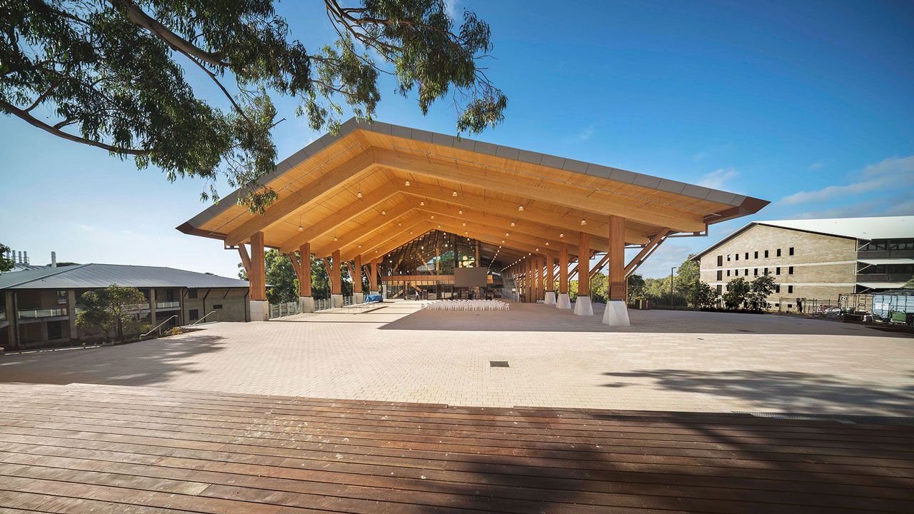 A wide view of the Boola Katitjin Building at Murdoch University in Western Australia