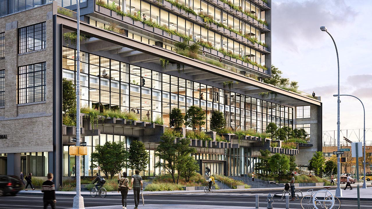 Front Entrance of St. John’s Terminal, featuring pedestrians and greenery