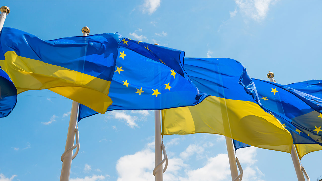 Flags of Ukraine and the European Union lined in a row