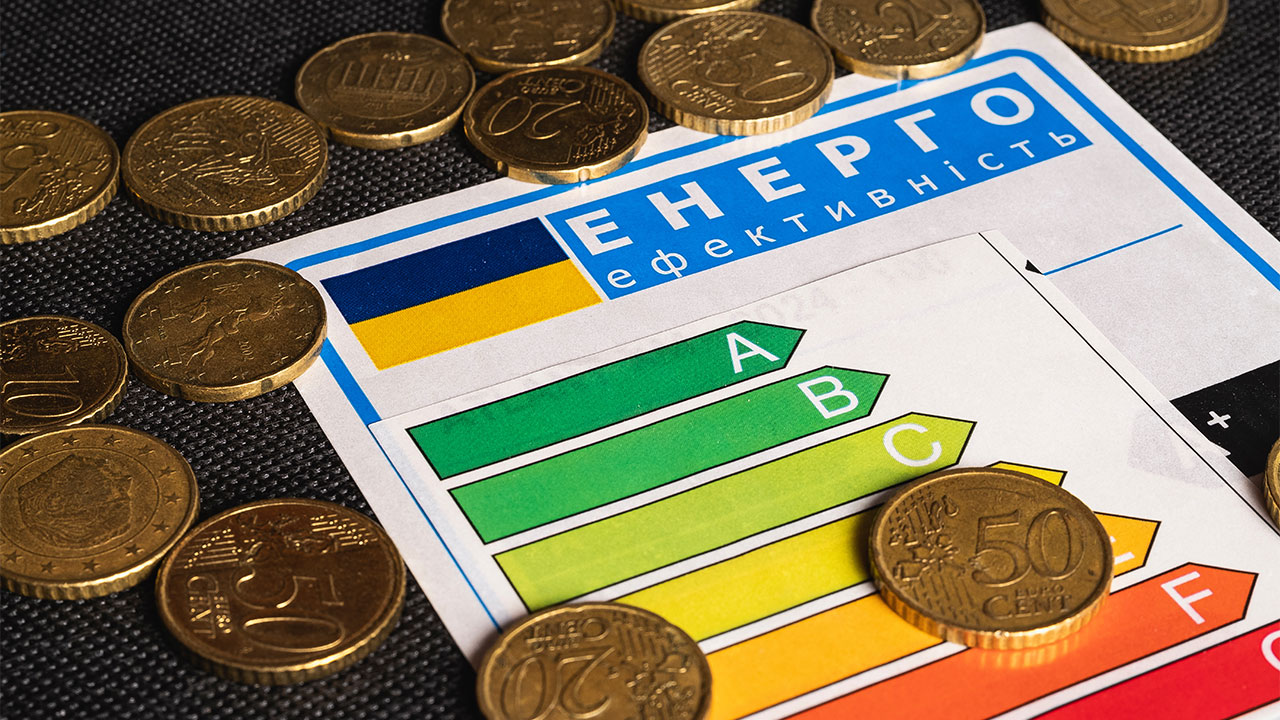 Ukrainian coins and a Ukrainian energy efficiency rating chart