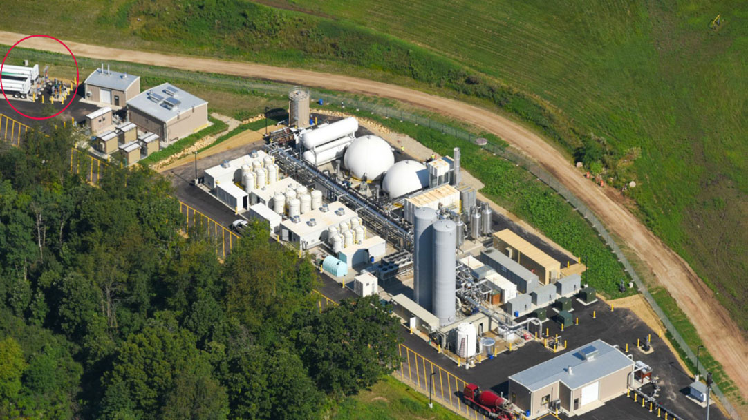 Aerial of an RNG offloading facility with RNG trailer shown circled on upper left