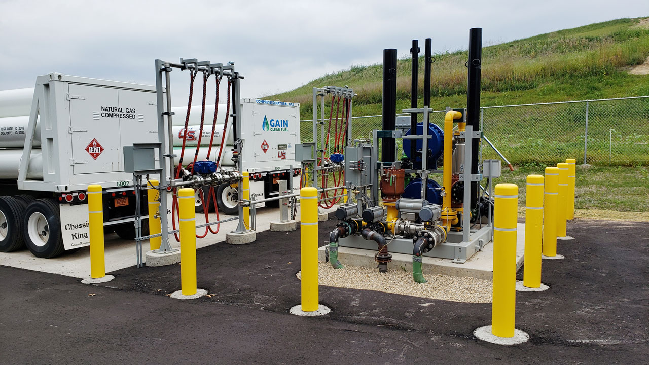 Two offloading trailers next to a decanting station